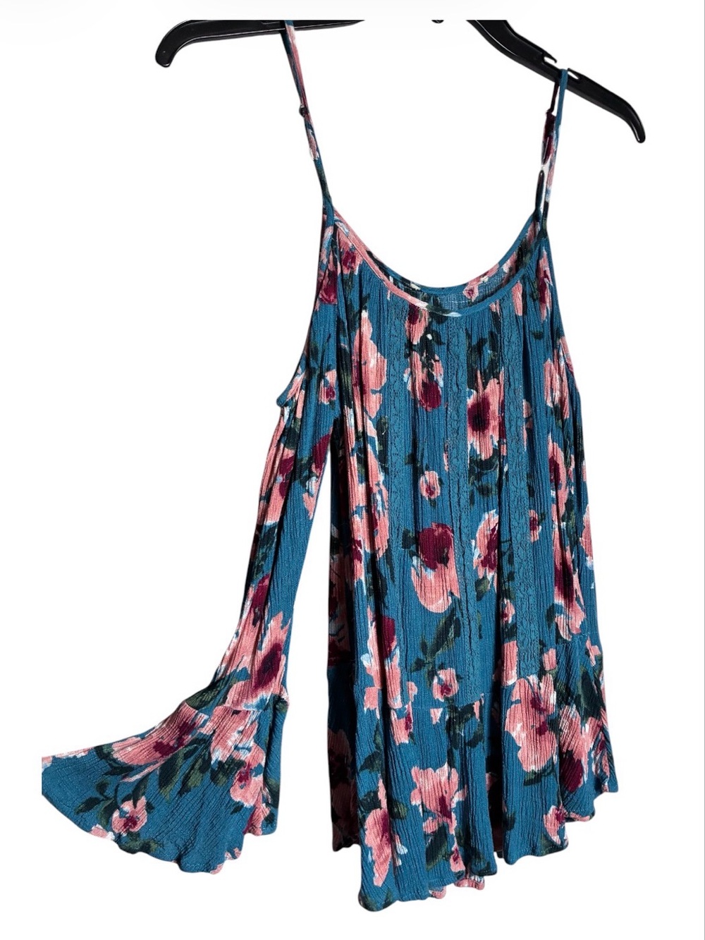 Blue Floral Cold-Shoulder Swing Top
